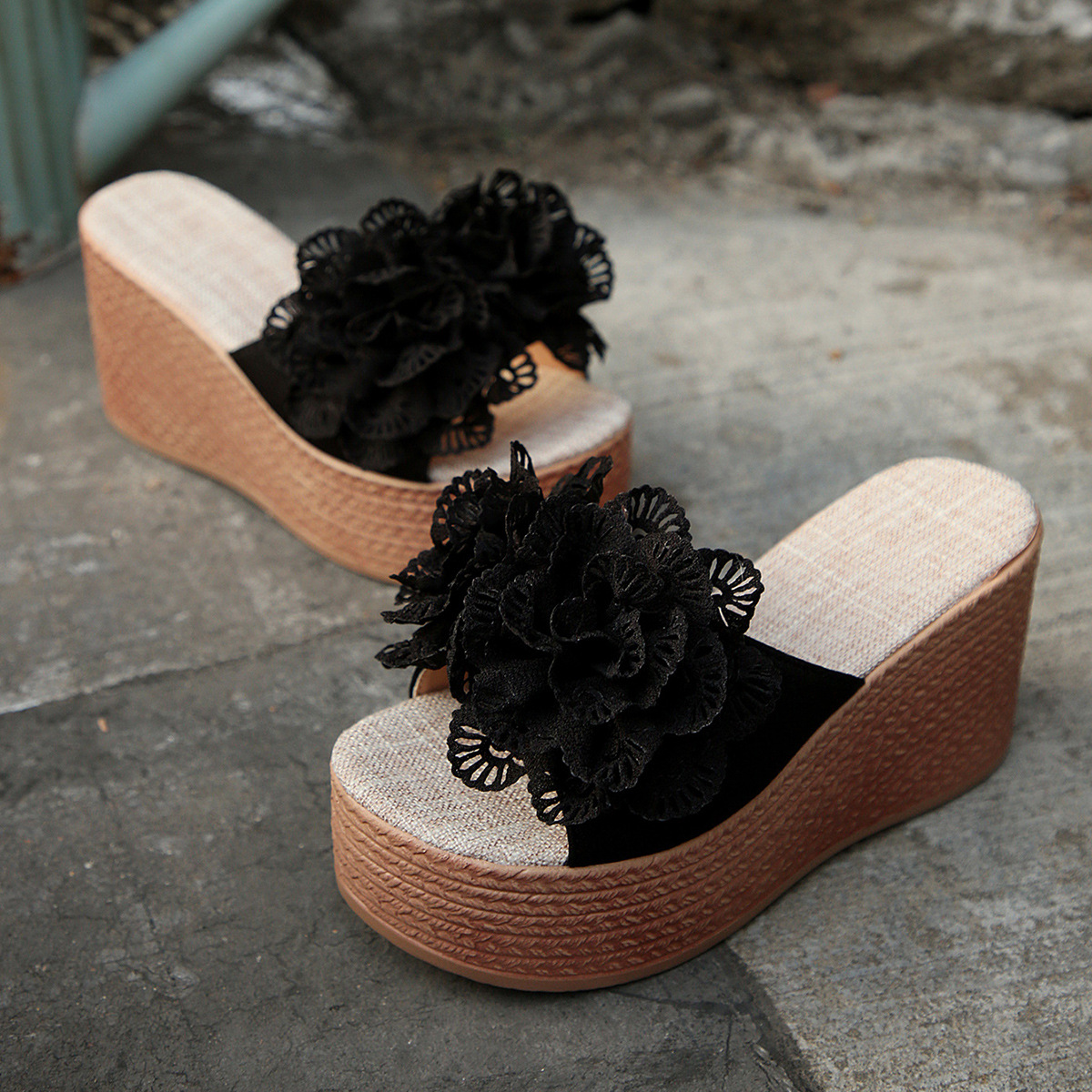 2026 version new wedge heel high-heeled flower plus size fashionable thick bottom fish mouth sandals hair replacement