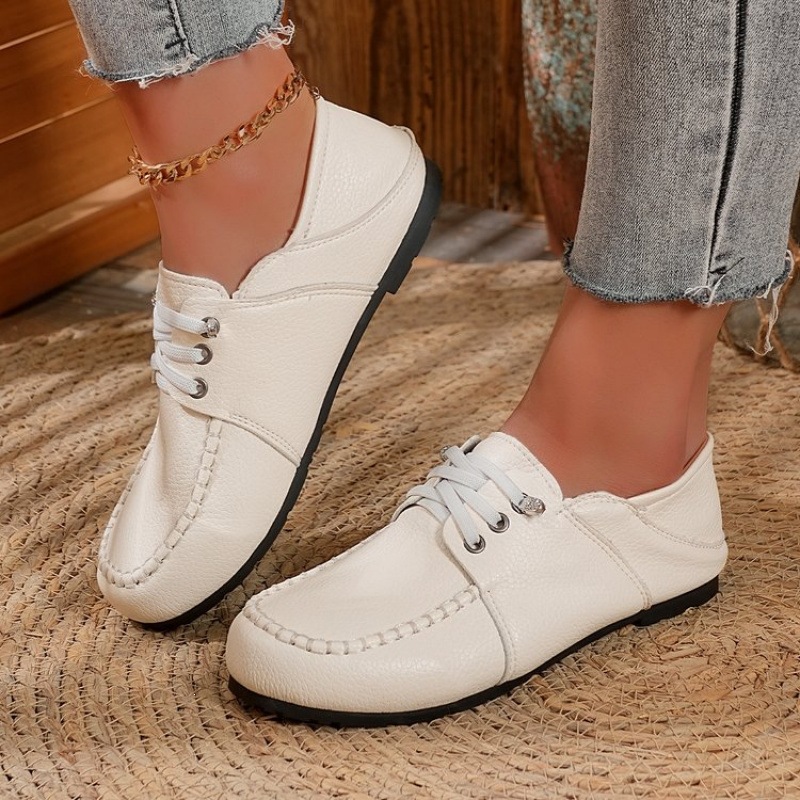 Cross border hot selling lace up flat sole single shoe with shallow mouth design, versatile for commuting, navy blue, white, black flat heel
