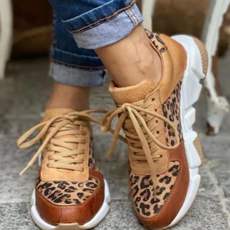 2025 Spring and Autumn New Large Leopard Pattern Casual Single Shoes for Women, Flat Bottom Lace Sports Casual Shoes, Wish Amazon
