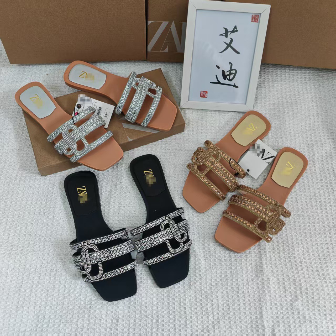 Eddie Footwear Cross border New ZA Flat Shoes Foreign Trade Original Single Square Head Water Diamond Flat Bottom Versatile Beach Sandals for Women