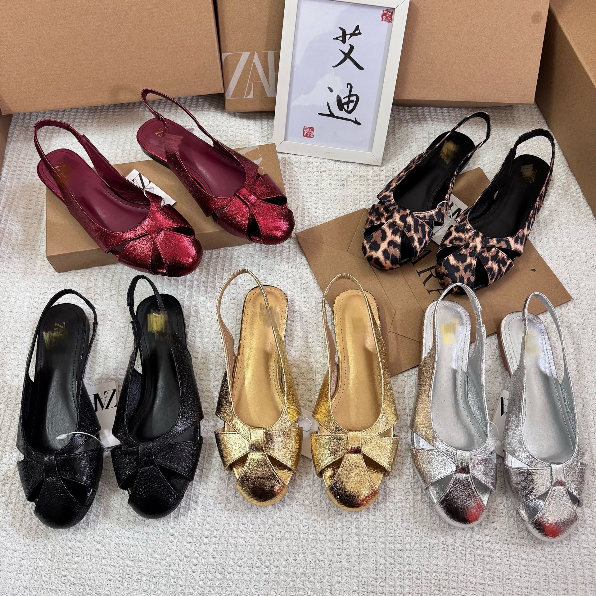 Cross border ZA foreign trade new Baotou sandals for women wearing soft leather flat shoes, women's back strap, square toe, gold versatile