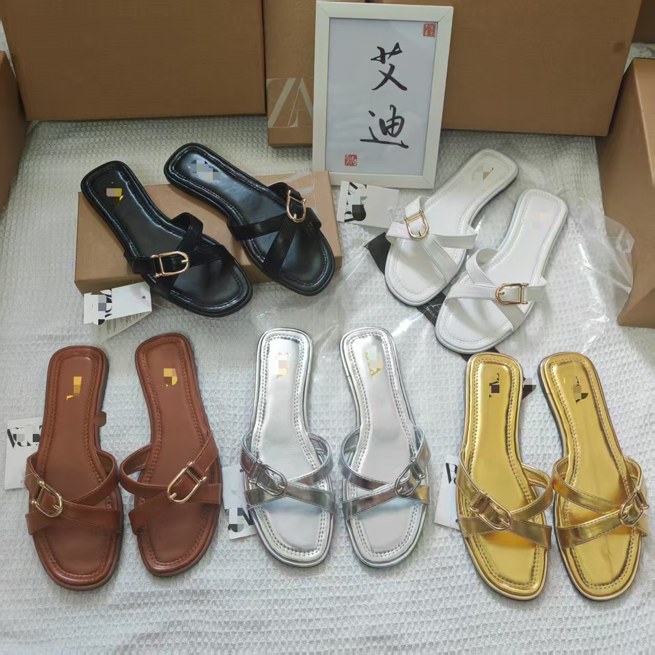 Cross border foreign trade ZA's new spring square headed flat bottomed sandals for women, with a cross shaped strap and metal buckle