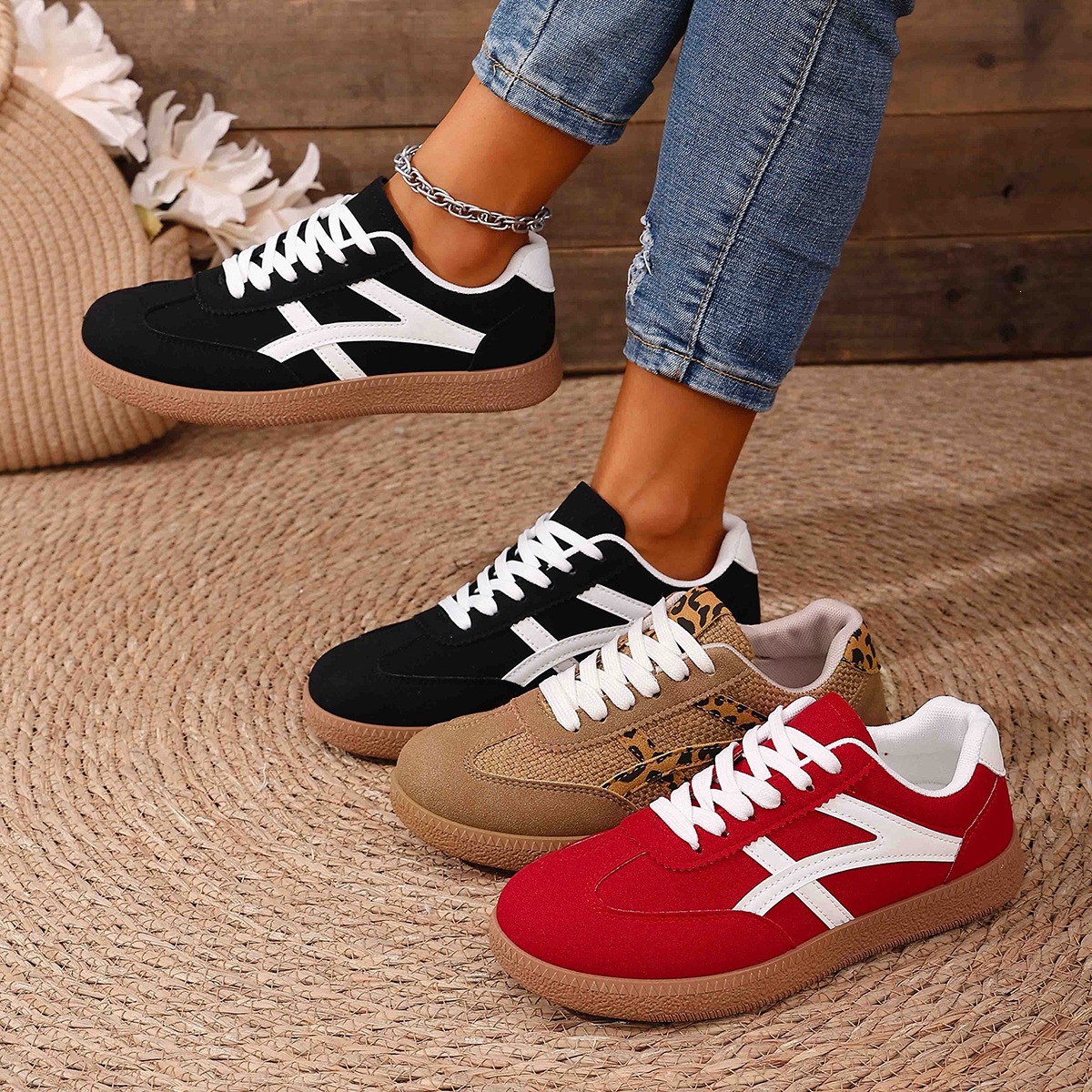 2025 Foreign Trade Europe and America Large Size German Training Shoes Women's Color blocked Round Head Versatile Strap Flat Bottom Low cut Sports Shoes Board Shoes Women