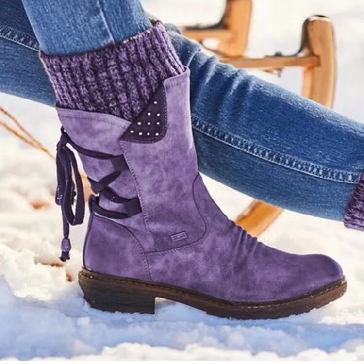 Independent station mid low tube foreign trade plus size Martin boots for women's autumn and winter new style square heel back strap European and American woolen women's boots