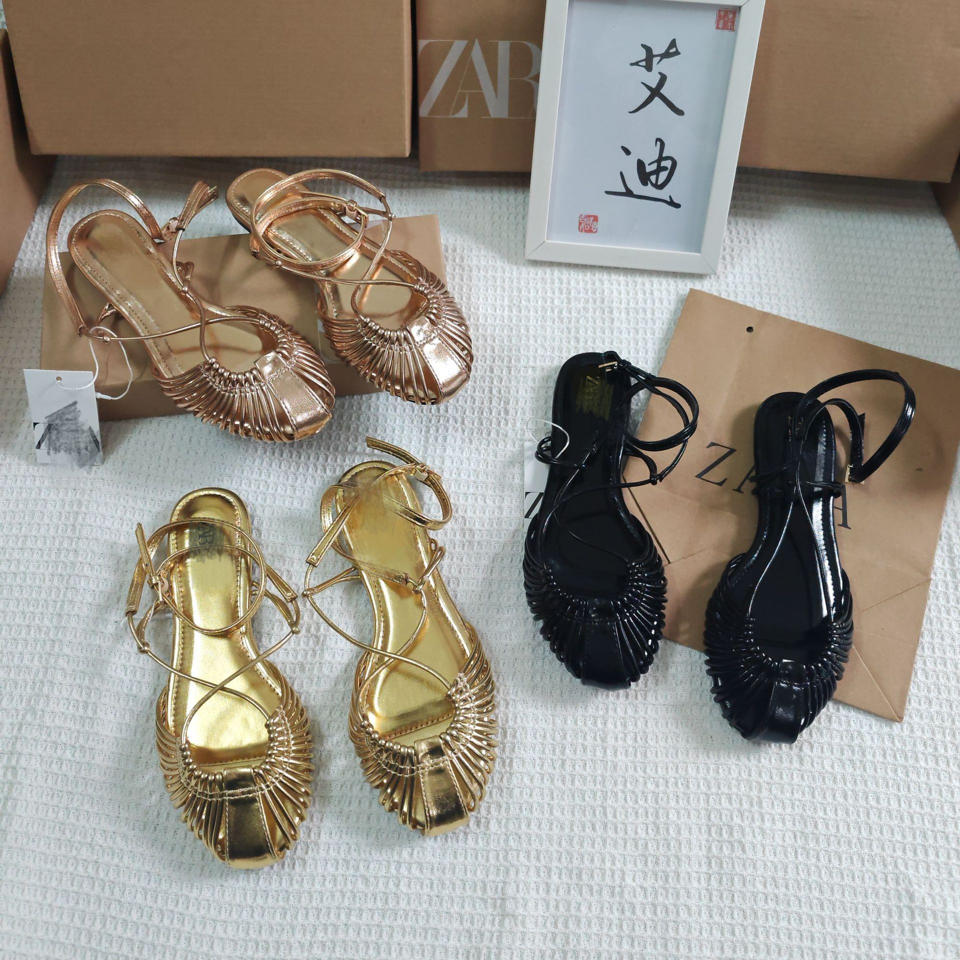 2026ZA foreign trade new product hot selling women's shoes gold plated metal layer effect hollow round toe foot backpack strap sandals