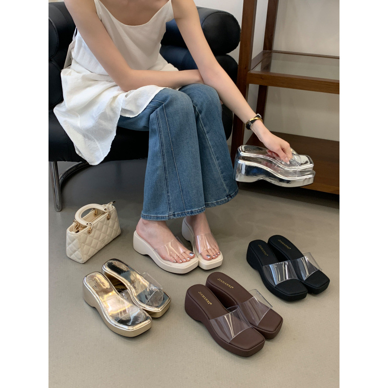 Slope heel, thick sole, transparent tape, one line slippers, women's shoes for wearing outside, dress for summer 2026, small height, height increasing sandals