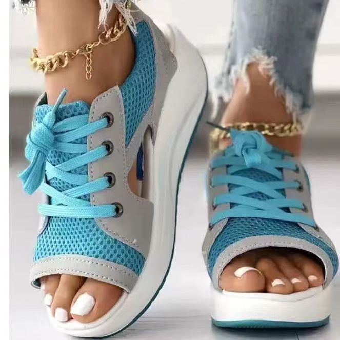 2025 foreign trade plus size summer new style rocking bottom women's sandals, sponge cake thick soled lace up sandals, beach shoes size 43