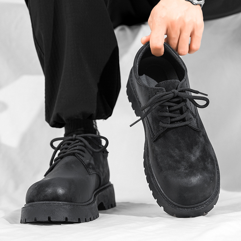 Cross border big toe leather shoes, polished black, worn shoes, low top Martin boots, men's British workwear shoes, thick sole, height increasing, upturned, casual shoes