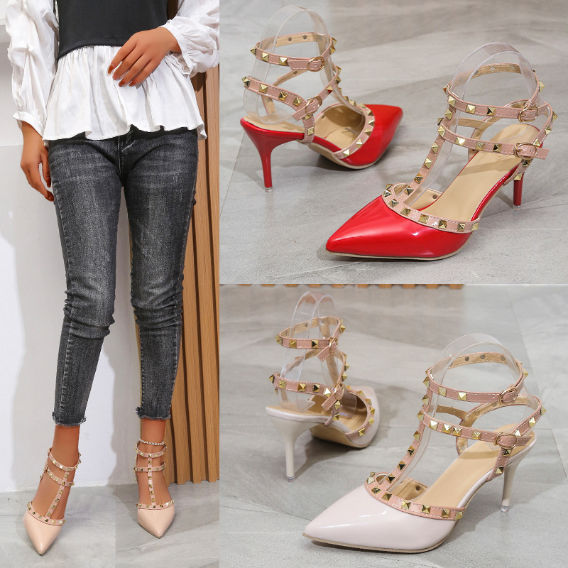 Summer 2025 new European and American plus size women's shoes, women's pointed rhinestone buckle fine heel sandals, women's high heels women's shoes