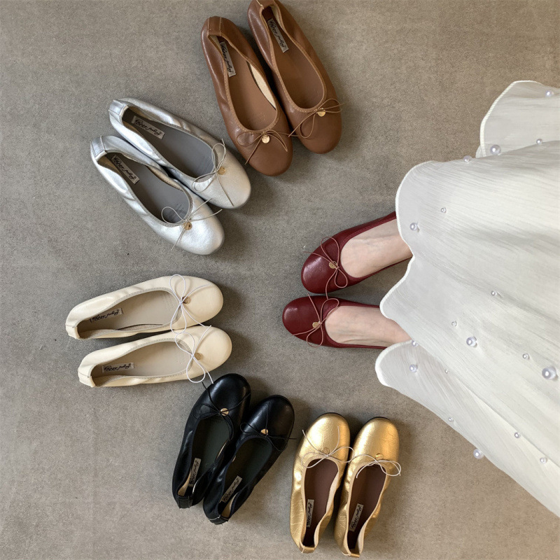 2026 New Spring Korean Edition Retro Round Head Shallow Mouth Single Shoes French Flat Bow Ballet Shoes Women's Shoes