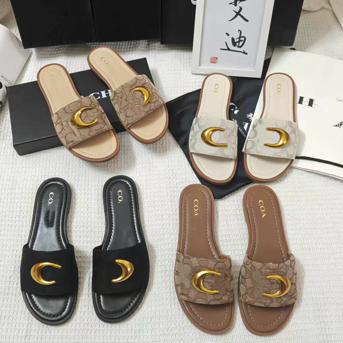Spot cross-border COH, good quality, new popular flat shoes for women, C-button metal cloth surface, one drag, versatile, European and American wholesale