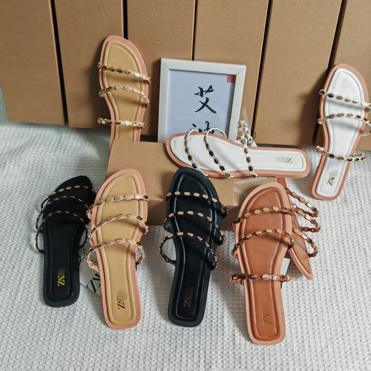 2026 Cross border za Flat Shoes Foreign Trade Wholesale ZR Flat Shoes with Willow Nails and Three Strips with Cool Slippers for Women Sandals