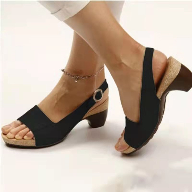 Sandals women's foreign trade plus size 2024 spring/summer new item European and American fish mouth beach coarse heel with straight buckle and high heels women's sandals