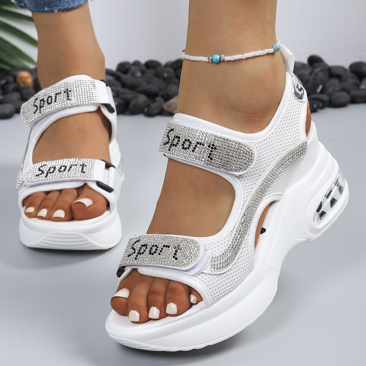 Internet famous wedge sandals, women's plus size fish mouth, small stature, sponge cake, foreign trade sports style sandals, 8cm women's shoes, thick sole