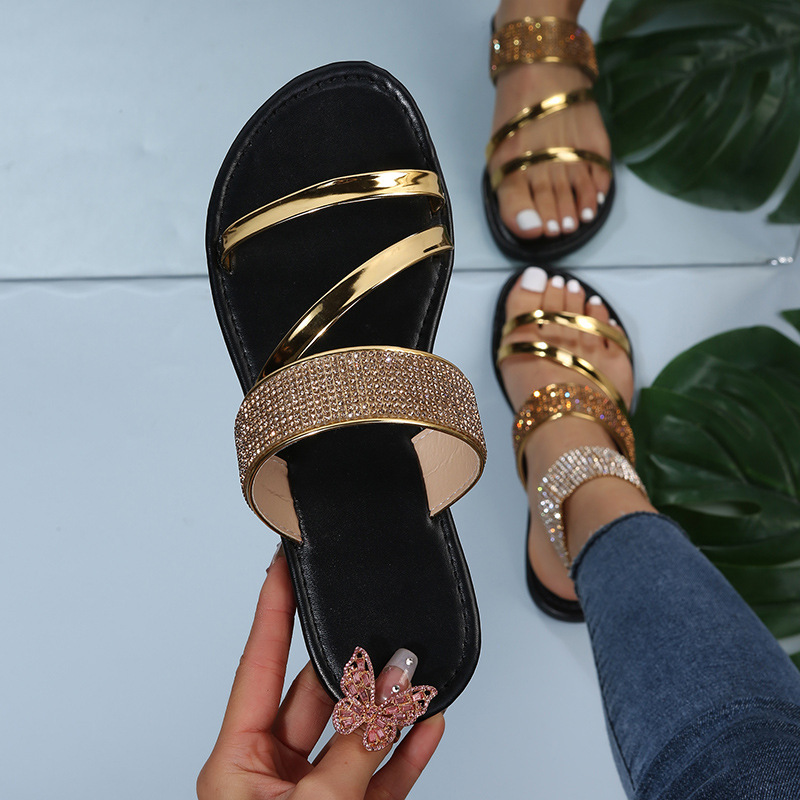 New foreign trade plus size casual slippers for women in 2025, round headed straight diamond flat slippers Slippers