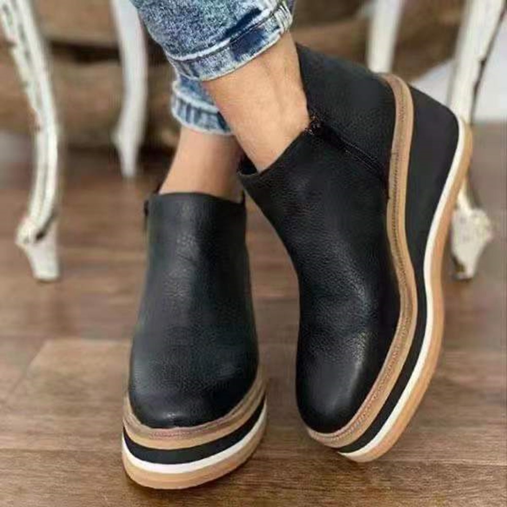 Autumn and Winter New Short Boots Cross border Foreign Trade Large Women's Shoes European and American Round Head Thick Bottom Slope Heel Side Zipper Casual Boots