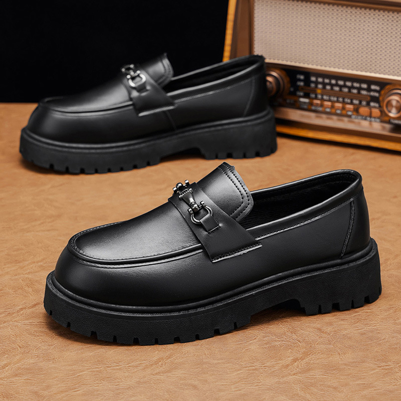 Cross border plus size thick sole height increasing men's big toe leather shoes patent leather shiny surface casual coarse heel loafers hairstylist trendy shoes