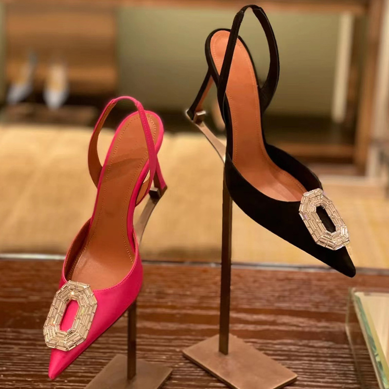 Elliptical rhinestone buckle toe sandals for spring 2025, new European and American socialite pointed thin heel hollow banquet high heels
