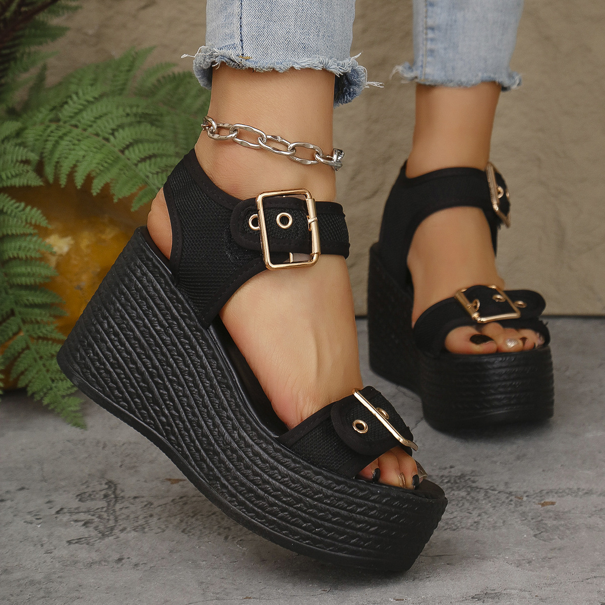 Cross border foreign trade plus size sandals for women 2024 new European and American fish mouth wedge heel straight strap women's shoes