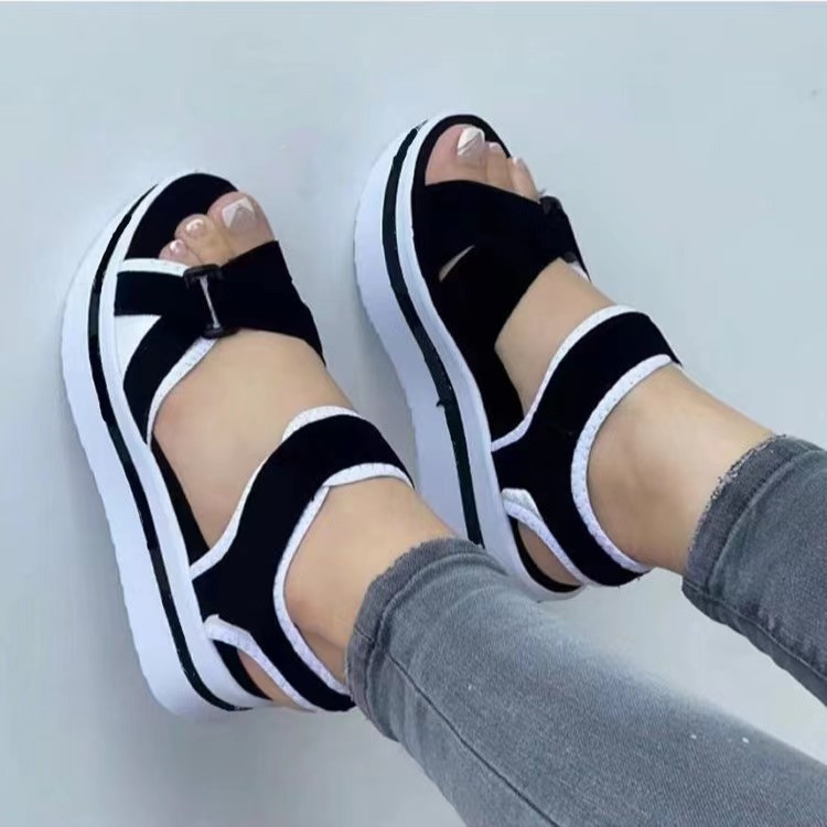 AliExpress 2025 Foreign Trade Women's Shoes New Fish Mouth Thick Bottom Flat Bottom Women's One Line Beach Women's Cool Slippers 43
