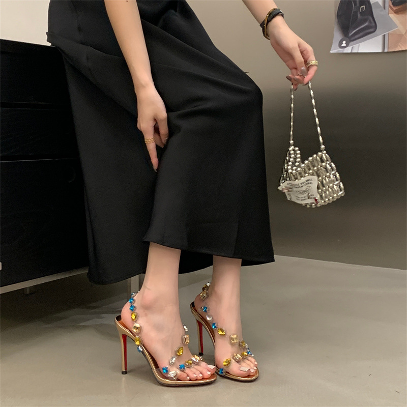 Colorful rhinestone high heels for women, 2026 summer new sexy open toed transparent straight strap sandals, crystal shoes
