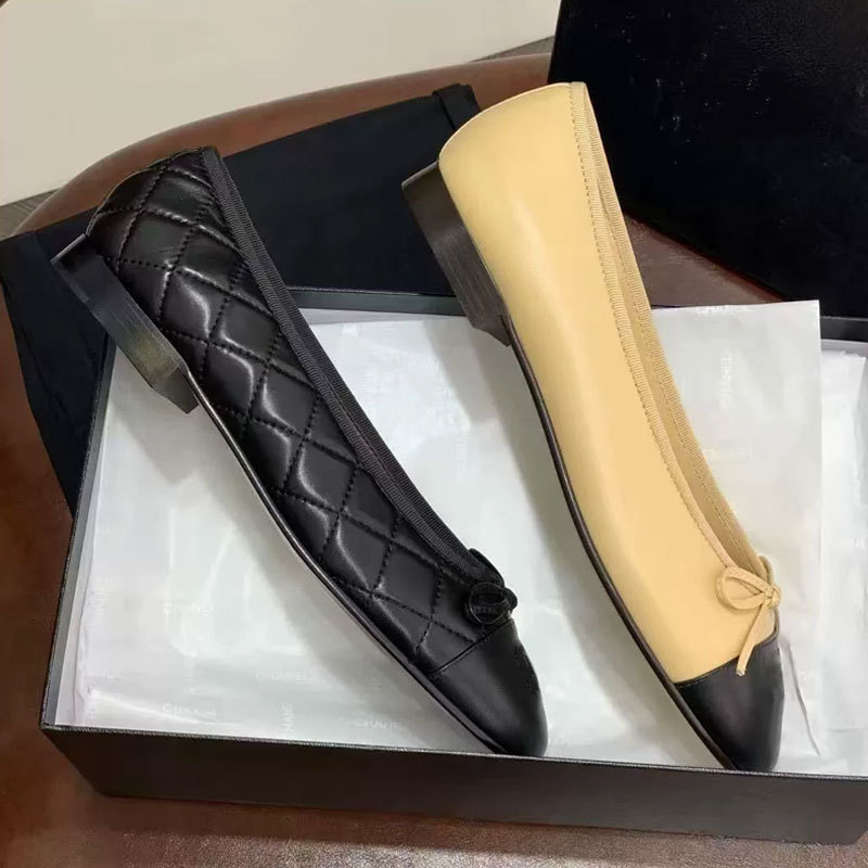 Cross border foreign trade small fragrance style correct cc bow classic diamond grid flat bottom color blocked round toe shallow mouth ballet single shoe for women