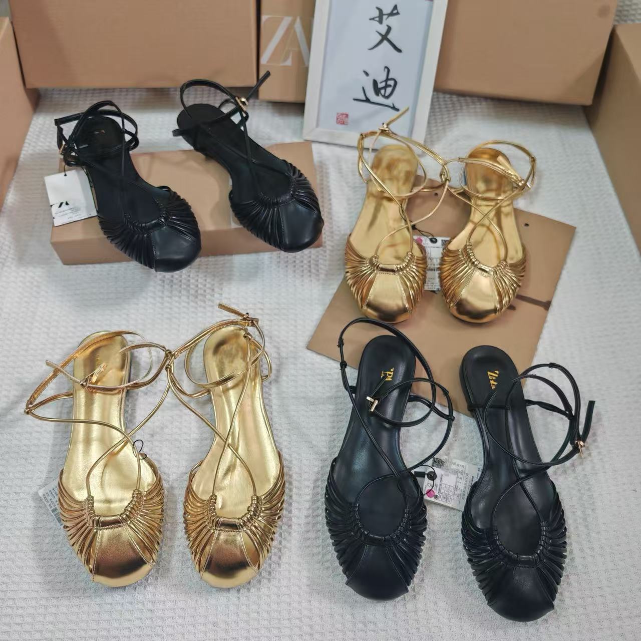 Good quality foreign trade new product ZA women's shoes with golden toe cap effect hollowed out round toe foot backpack strap sandals factory release