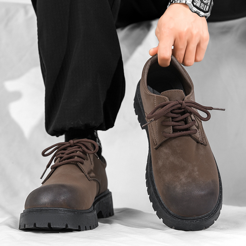 Cross border big toe leather shoes, polished black, worn shoes, low top Martin boots, men's British workwear shoes, thick sole, height increasing, upturned, casual shoes