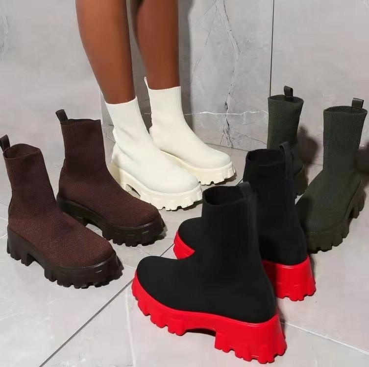 Cross border foreign trade women's flying woven sports short boots, women's autumn and winter new item, independent station women's boots, large size, one foot socks boots