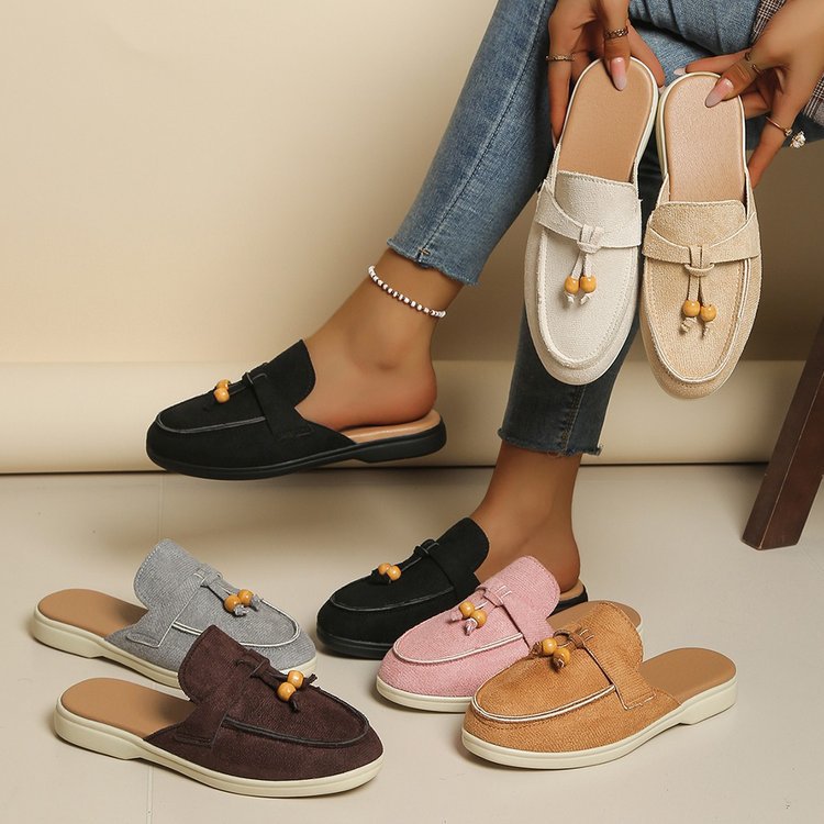 Cross border plus size flat bottomed Baotou slippers for women, summer 2025, European and American slope and Baotou canvas slippers for women wholesale