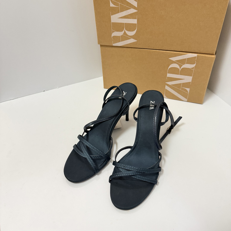 Spot ZA Spring/Summer New Product French Metal Buckle Open Toe High Heels for Women's Niche Cross Strap Roman Sandals