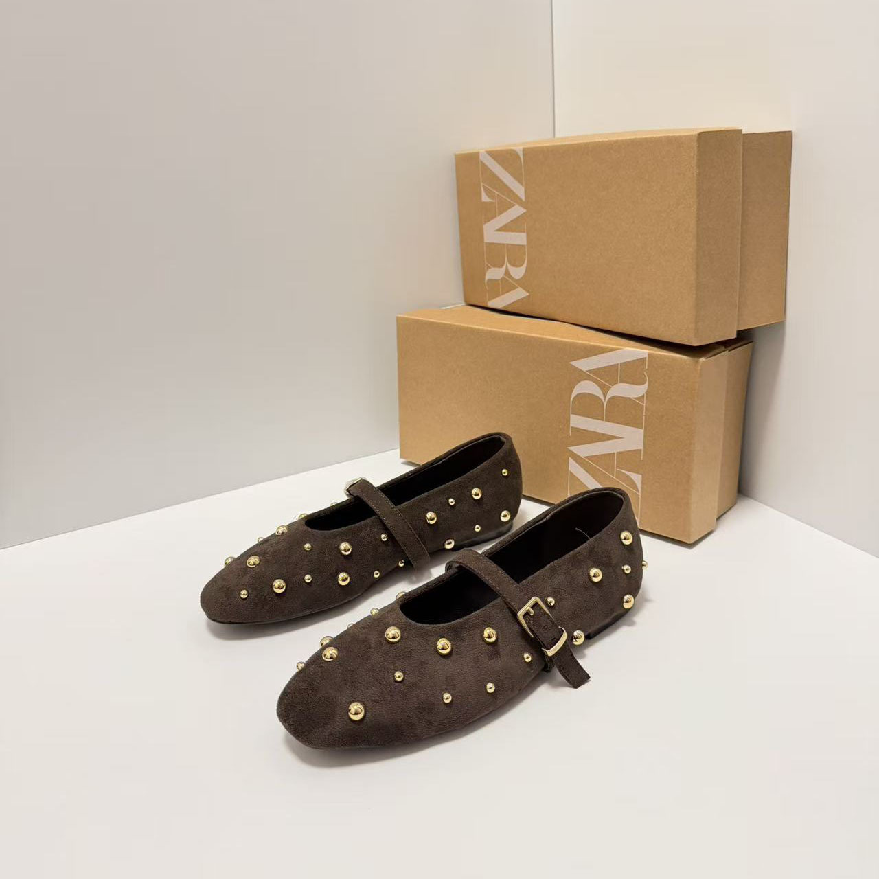 ZA Spain 2025 Summer New Product with One Word Belt Round Head Rivet Black Brown Anti Fleece Leather Ballet Flat Single Shoes for Women
