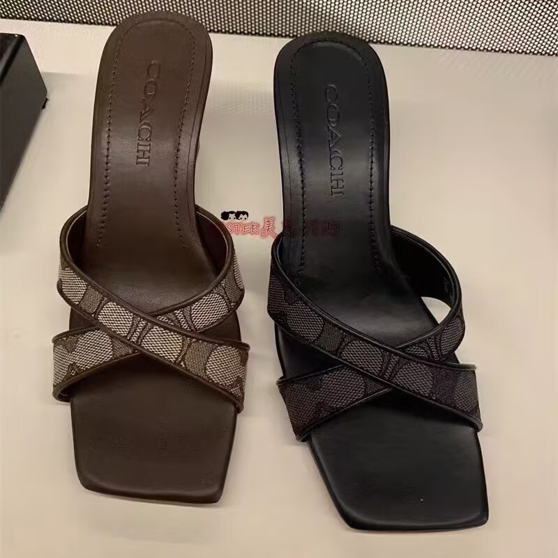 COA Cross border Foreign Trade Square Head Cross with Slope Heel Slippers Women's Outerwear Casual One Line Summer Versatile
