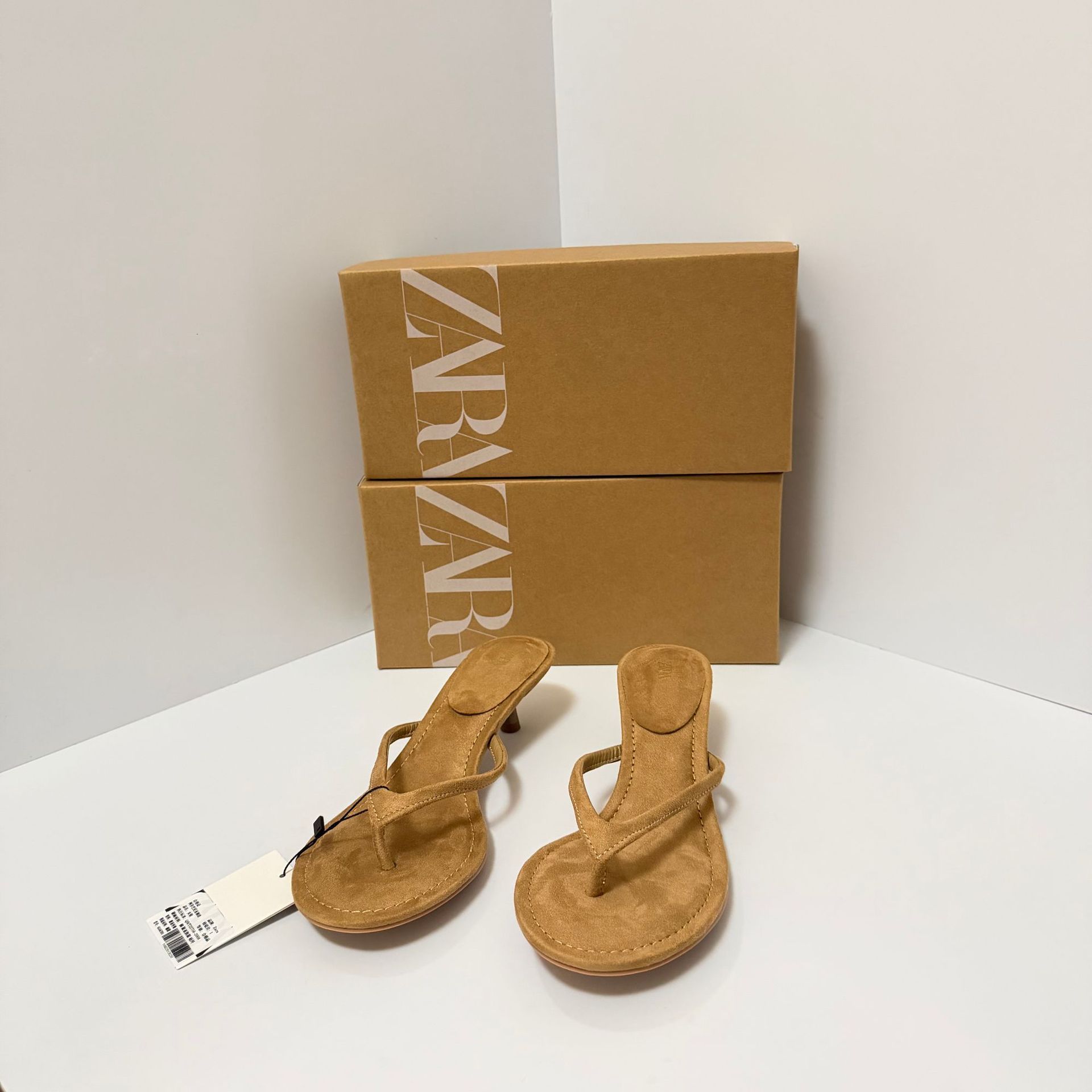 Za French flip flops women's sandals, small high heels with clipped toes, khaki color round toe, summer open toe, slim heel women's sandals