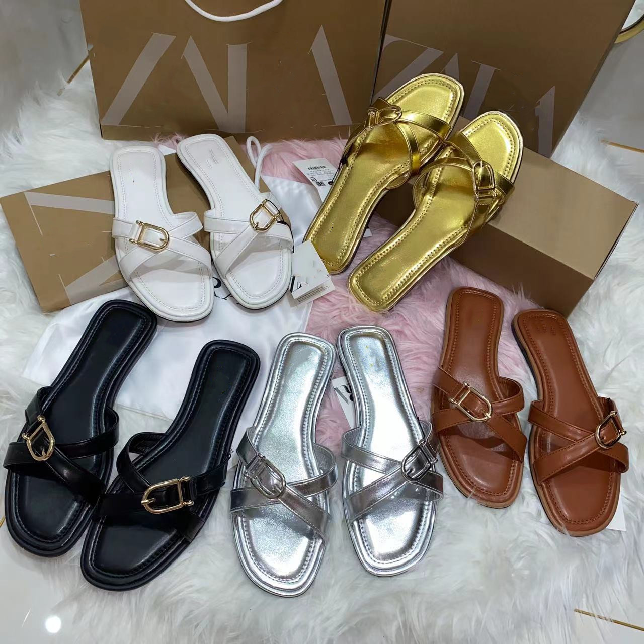 2025 Cross border Original Order Spot ZA Flat Flat Cross Sandals Lady Sippers