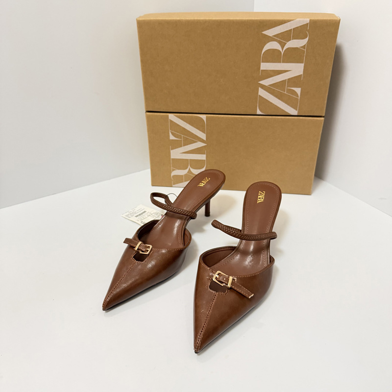 ZA2025 Autumn New Product Shallow Mouth Hollow Fashion High Heels Pointed Black Brown Buckle Muller Fashion Women's Sandals