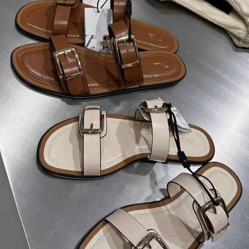 ZAR's new original 2025 cross-border plus size flat slippers with decorative buckle sandals, popular in Europe and America, SANDA