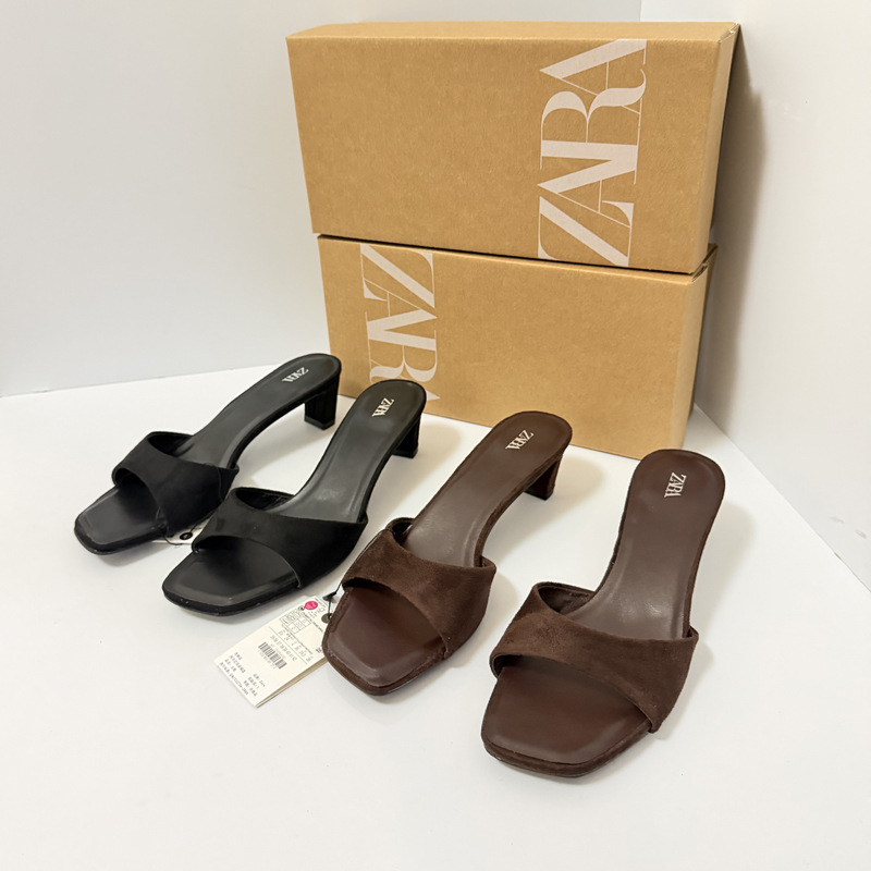 ZA2026 small square heel, short heel, square head, straight strap slippers, simple European and American style, brown open toed sandals, women's cross-border