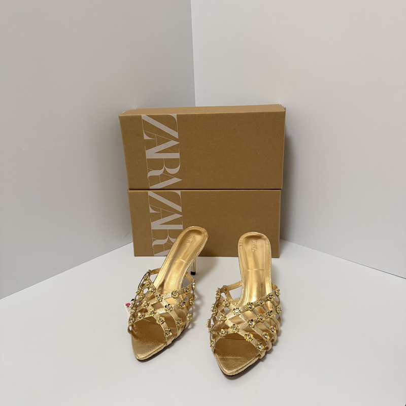 ZA high heels slippers for outdoor wear 2026 new summer style gold rhinestone woven hollow pointed toe high heels sandals for women