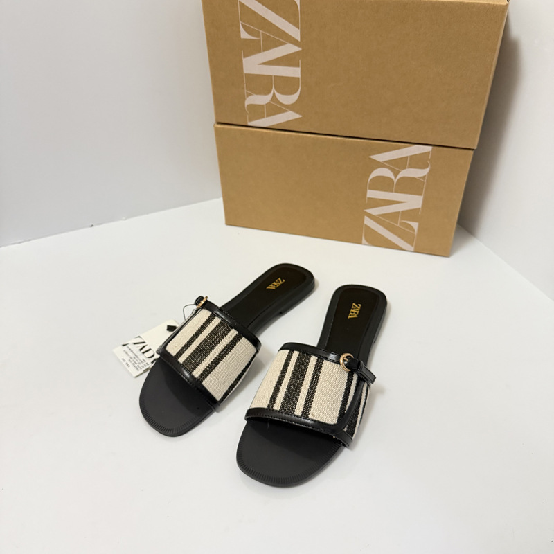 ZA Foreign Trade Women's Shoes 2026 Summer New Black and White Pattern Round Head Flat Slippers Simple Open Toe Outerwear One Line Cool Drag