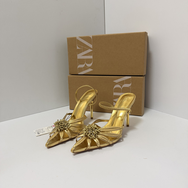 ZA2026 Summer New Fashionable Super High Heels Metal Flower Cool Slippers with Sexy and Thin Heels and Open Toe High Heels