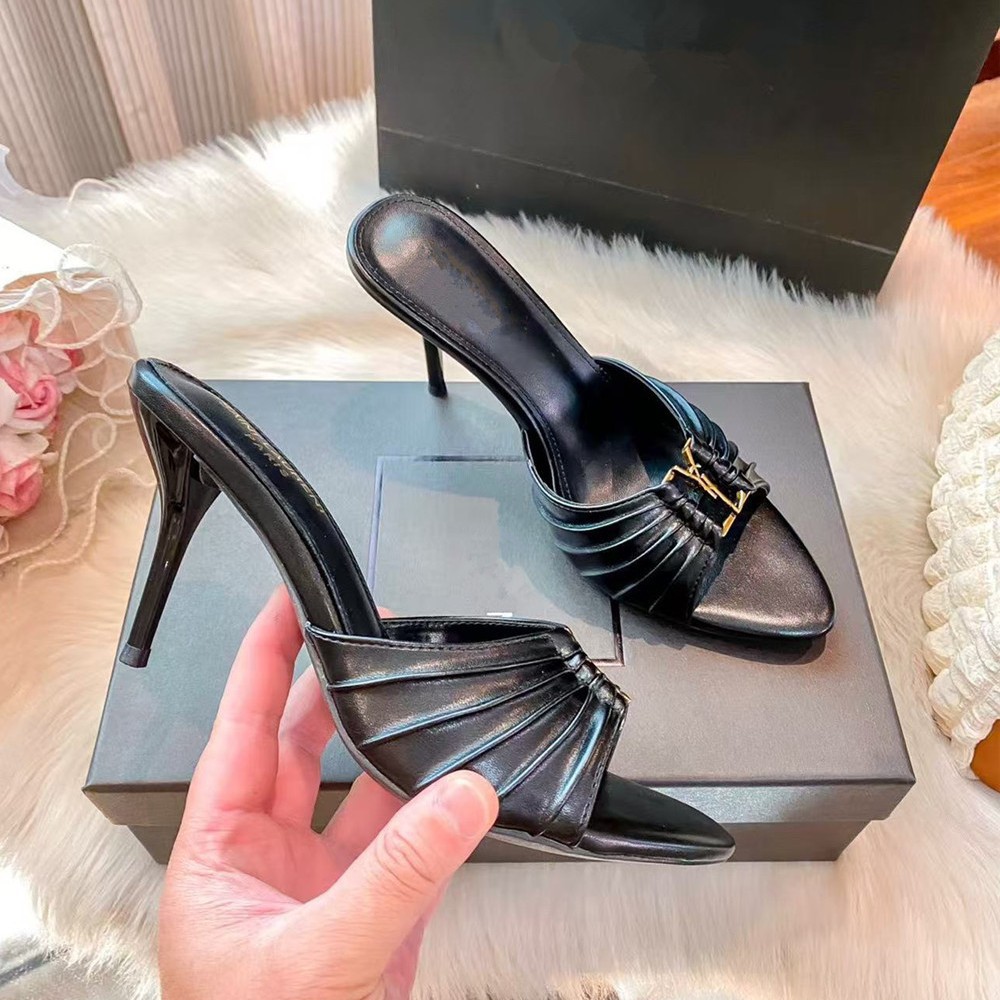 YS high version foreign trade metal letter buckle thin heel exposed toe slippers for women wearing sexy high heels with pointed thin heels sandals