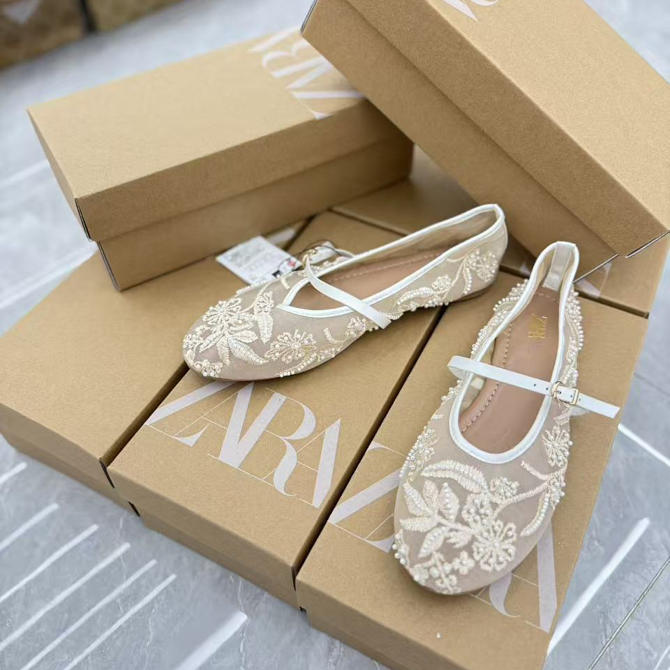 ZA2025 Spring Fashion Outerwear Ballet Shoes New Mesh Pearl Embroidery Shallow Mouth Round Head Flat Bottom Single Shoes for Women