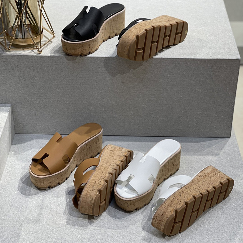 2022 leather exterior versatile high-heeled slippers, women's wedge heel, solid color waterproof platform sandals, thick soled Roman style shoes