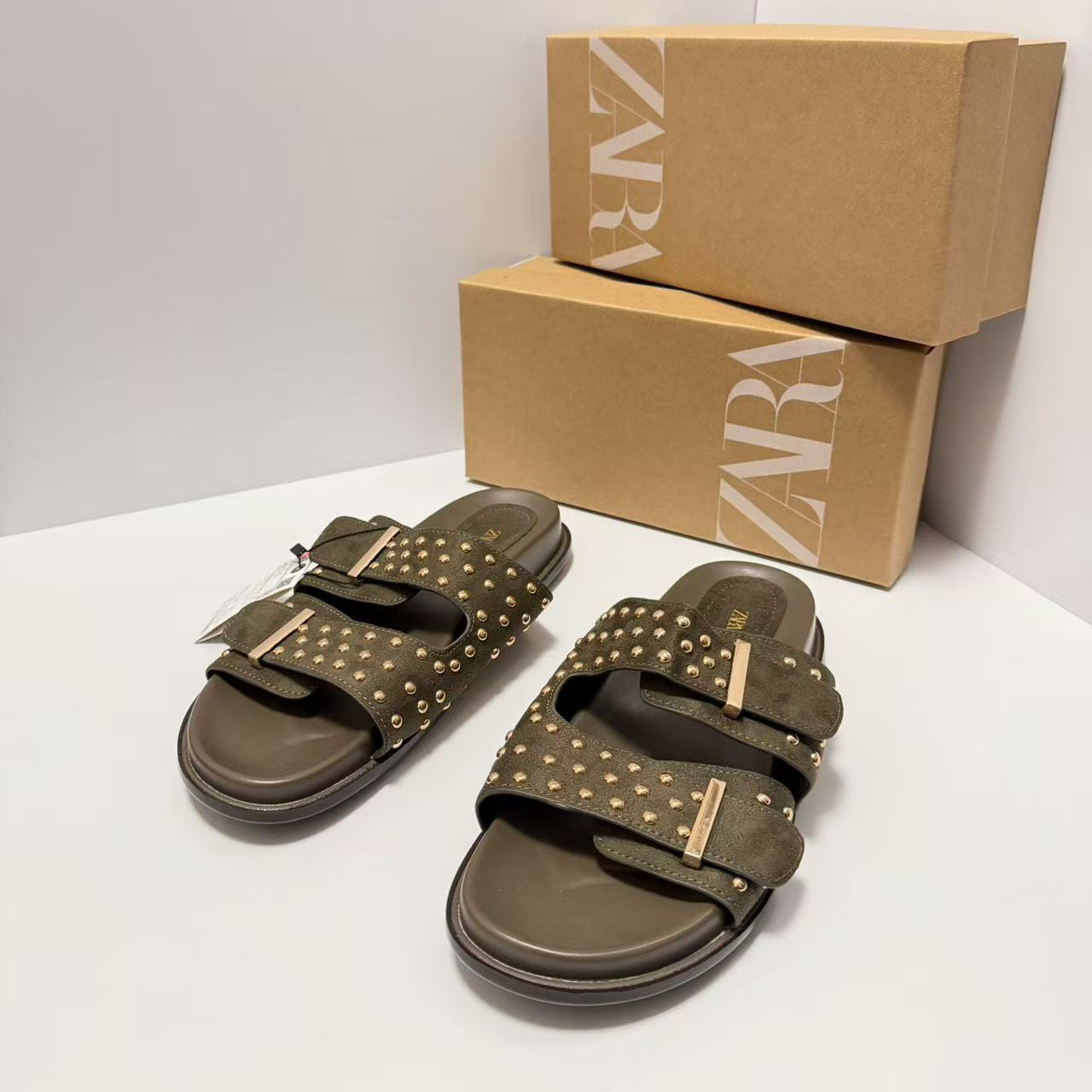ZA2026 Autumn New Product One Belt Back Empty Women's Slippers Retro Buckle Metal Rivet Detail Decoration Flat Sandals