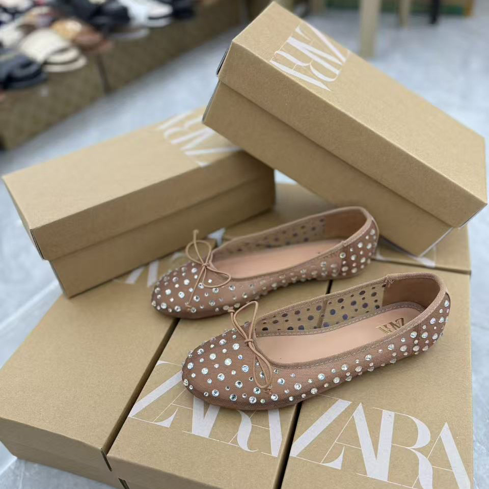 ZA Summer 2024 New Fashionable Versatile Women's Shoes with Beige Bow Decoration Starry Sky Ballet Style Flat Shoes Comfortable