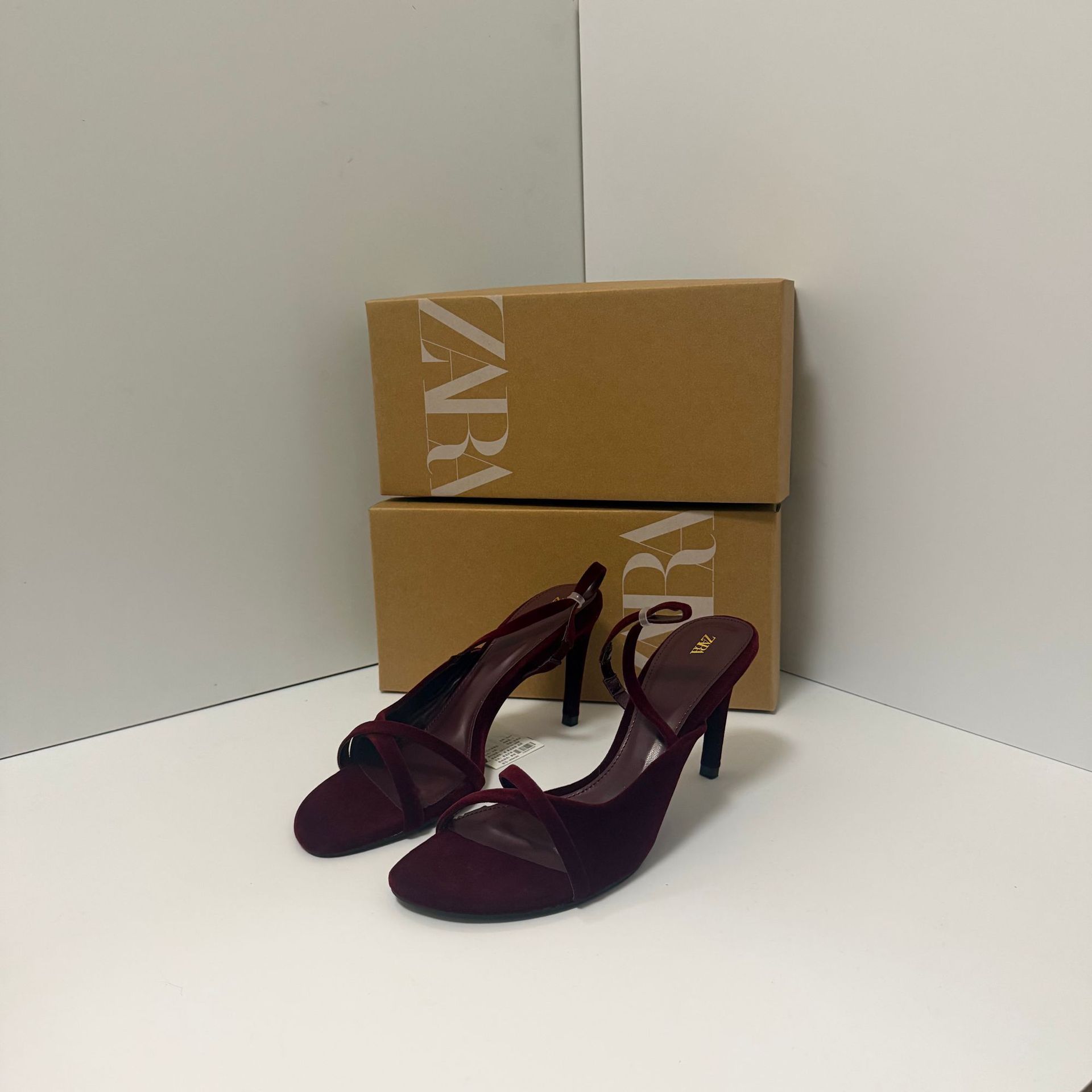 Za2026 New Product Hollow Sandals Women's European and American Velvet Round Headed Open toed Stiletto Strap Shoes Red Velvet Simple Style