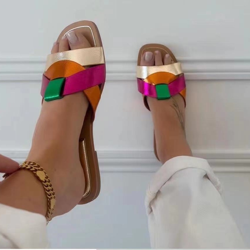 ZAR's new metal heel women's slippers, European and American women's sandals, summer flat bottomed 2024 popular style