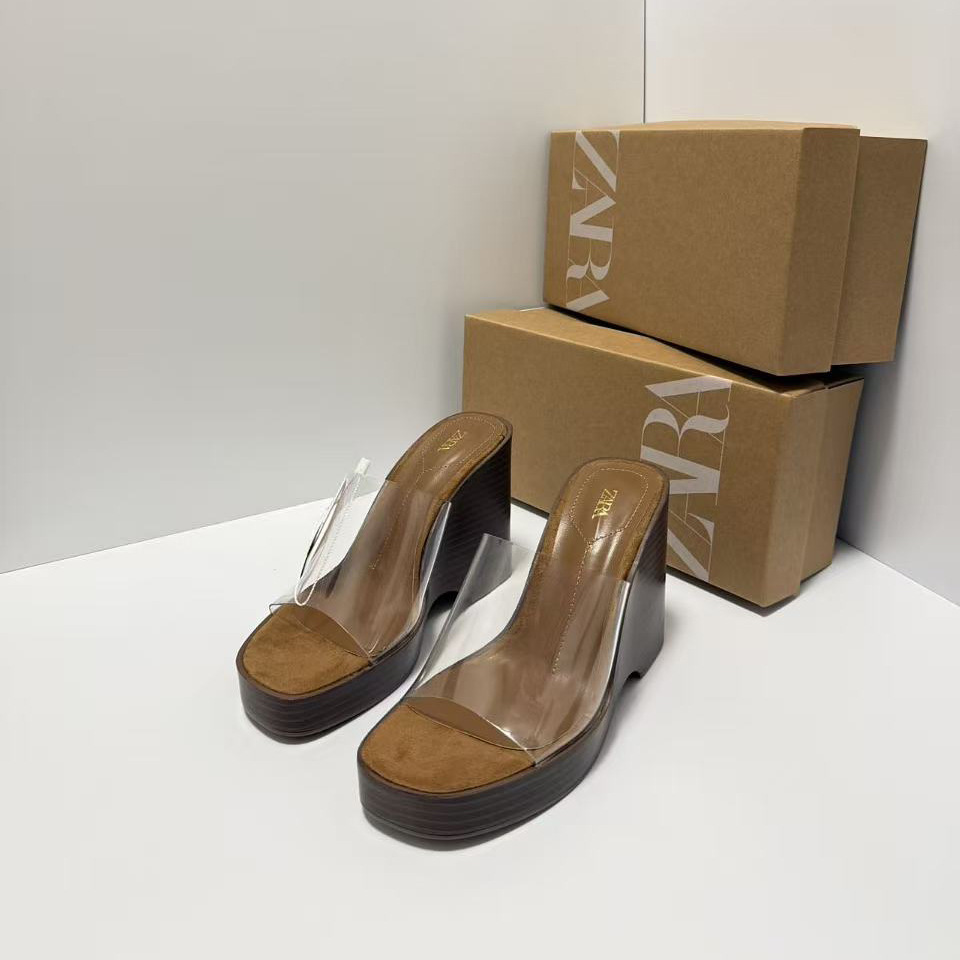 ZA2025 new short style Le with increased thickness, sloping heel, transparent straight drag, women's summer outer wear, simple high heels, cool slippers