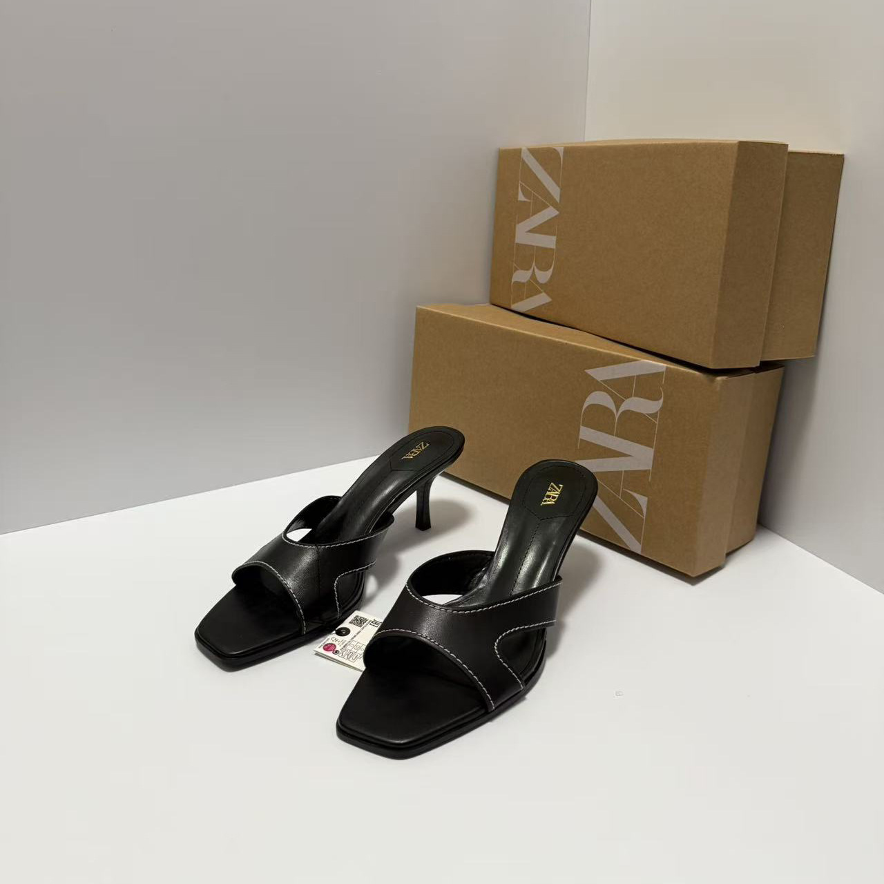 ZA2025 summer new product French brown square toe open toe hollowed out straight ribbon back empty high-heeled sandals